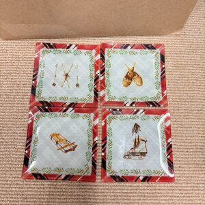 208 Park Avenue Plaid Sport Snow Theme Square Appetizer Plates Set of 4